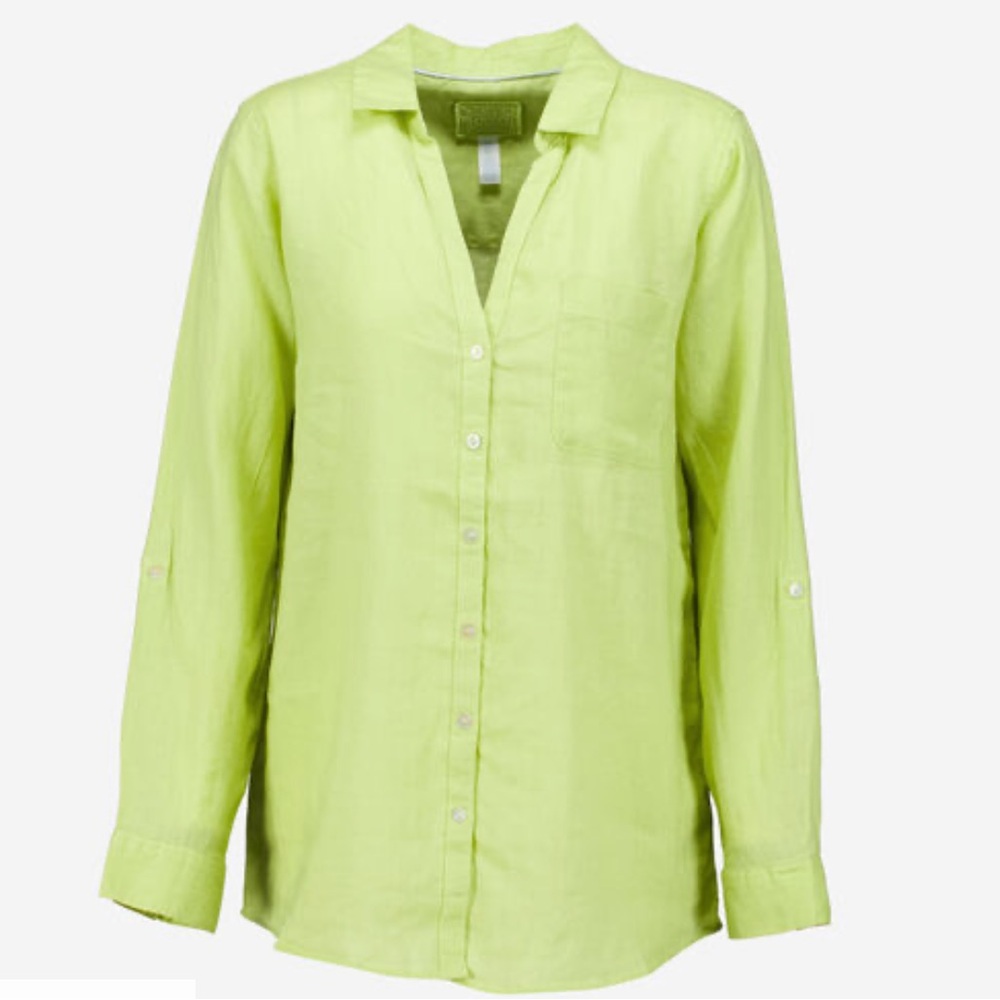 SIGRID OLSEN Linen Shirt Green L/S Roll Cuff V Neck Point Collar S Small EUC $98 - Picture 2 of 13